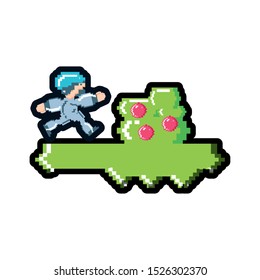video game running in camp avatar pixelated vector illustration design