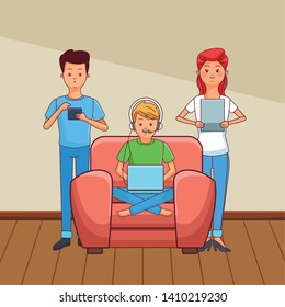 video game scene young friends men with woman playing cartoon  inside home with furniture scenery vector illustration graphic design