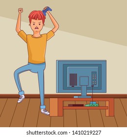 video game scene young man playing in front tv cartoon  inside home with furniture scenery vector illustration graphic design