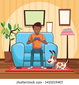 video game scene young man playing on couch with little pet doggy dog cartoon  inside home with furniture scenery vector illustration graphic design