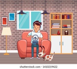 video game scene young man playing on couch fast car game with doggy dog pet cartoon  inside home with furniture scenery vector illustration graphic design