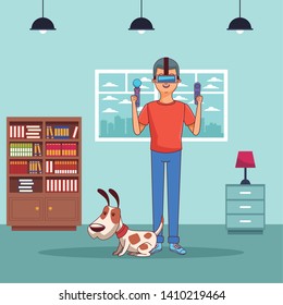 video game scene young man playing virtual reallity with pet dog doggy cartoon  inside home with furniture scenery vector illustration graphic design