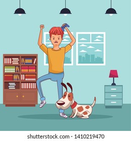 video game scene young man playing with little pet dog cartoon  inside home with furniture scenery vector illustration graphic design