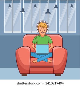 video game scene young man playing on couch cartoon  inside home with furniture scenery vector illustration graphic design