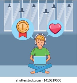 video game scene young man playing with laptop using earpod cartoon  inside home with furniture scenery vector illustration graphic design