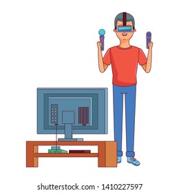 video game scene young man playing in front tv virtual reallity cartoon  vector illustration graphic design
