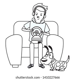 video game scene young man playing on couch fast car game with doggy dog pet cartoon  vector illustration graphic design