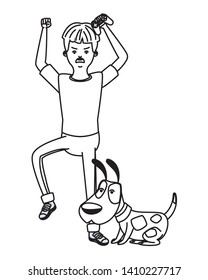 video game scene young man playing with little pet dog cartoon  vector illustration graphic design