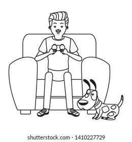 video game scene young man playing on couch with little pet doggy dog cartoon  vector illustration graphic design
