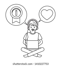 video game scene young man playing with laptop using earpod cartoon  vector illustration graphic design