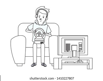 video game scene young man playing in front tv car game cartoon  vector illustration graphic design