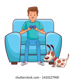 video game scene young man playing on couch with little pet doggy dog cartoon  vector illustration graphic design