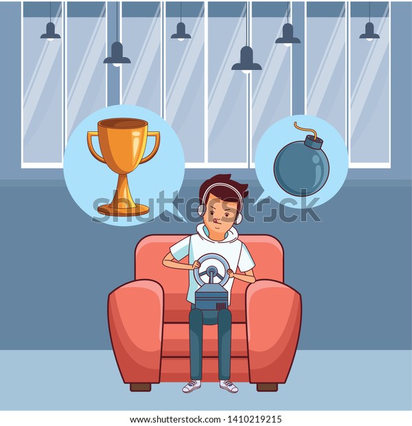 video game scene young man playing on couch fast\
car game cartoon  inside home with furniture scenery vector\
illustration graphic\
design
