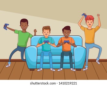 video game scene young men friends playing on couch cartoon  inside home with furniture scenery vector illustration graphic design