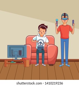 video game scene young men friends playing on couch virtual reallity cartoon  inside home with furniture scenery vector illustration graphic design