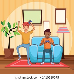 video game scene young men friends playing on couch cartoon  inside home with furniture scenery vector illustration graphic design