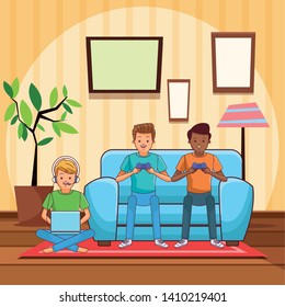 video game scene young men friends playing on couch cartoon  inside home with furniture scenery vector illustration graphic design