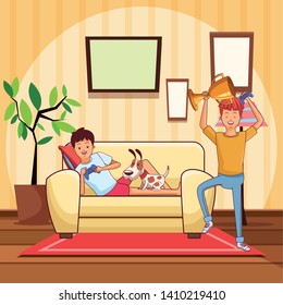 video game scene young men friends playing on couch with little pet doggy dog cartoon  inside home with furniture scenery vector illustration graphic design