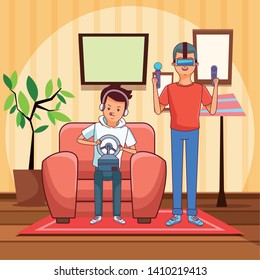 video game scene young men friends playing virtual reallity cartoon  inside home with furniture scenery vector illustration graphic design