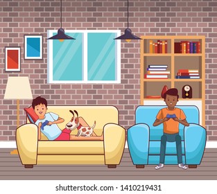 video game scene young men friends playing on couch with little pet doggy dog cartoon  inside home with furniture scenery vector illustration graphic design