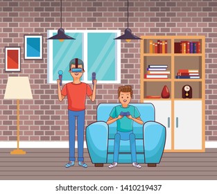 video game scene young men friends playing on couch virtual reallity bcartoon  inside home with furniture scenery vector illustration graphic design