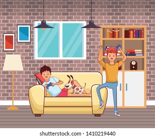 video game scene young men friends playing on couch with little pet doggy dog cartoon  inside home with furniture scenery vector illustration graphic design