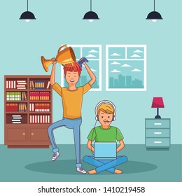 video game scene young men friends playing with laptop cartoon  inside home with furniture scenery vector illustration graphic design