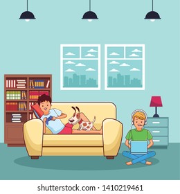 video game scene young men friends playing on couch with little pet doggy dog cartoon  inside home with furniture scenery vector illustration graphic design