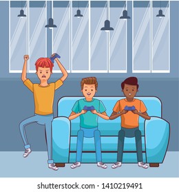 video game scene young men friends playing on couch cartoon  inside home with furniture scenery vector illustration graphic design