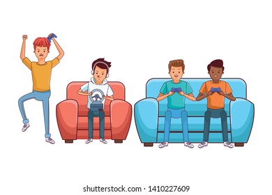 video game scene young men friends playing on couch cartoon  vector illustration graphic design