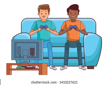 video game scene young men friends playing on couch cartoon  vector illustration graphic design