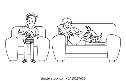 video game scene young men friends playing on couch with little pet doggy dog cartoon  vector illustration graphic design
