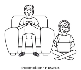 video game scene young men friends playing on couch cartoon  vector illustration graphic design