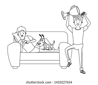 video game scene young men friends playing on couch with little pet doggy dog cartoon  vector illustration graphic design