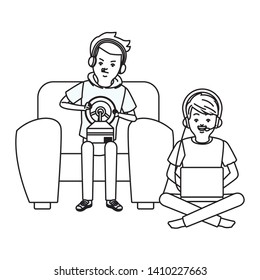 video game scene young men friends playing on couch cartoon  vector illustration graphic design