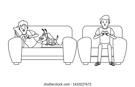 video game scene young men friends playing on couch with little pet doggy dog cartoon  vector illustration graphic design