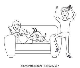 video game scene young men friends playing on couch with little pet doggy dog cartoon  vector illustration graphic design