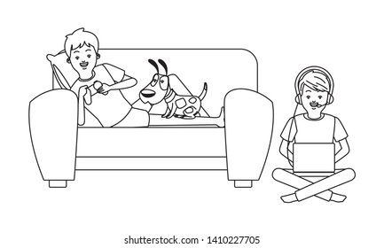 video game scene young men friends playing on couch with little pet doggy dog cartoon  vector illustration graphic design