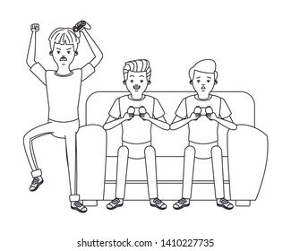 video game scene young men friends playing on couch cartoon  vector illustration graphic design