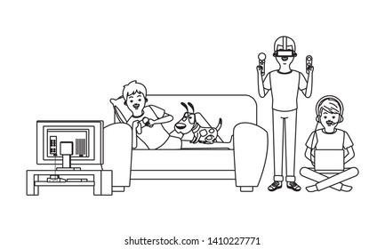 video game scene young men friends playing on couch virtual reallity cartoon  vector illustration graphic design