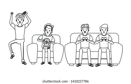 video game scene young men friends playing on couch cartoon  vector illustration graphic design