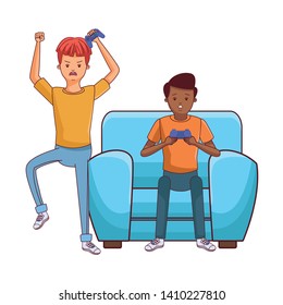 video game scene young men friends playing on couch cartoon  vector illustration graphic design