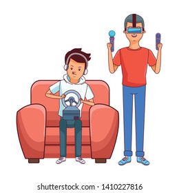video game scene young men friends playing virtual reallity cartoon  vector illustration graphic design