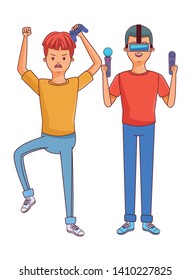 video game scene young men friends playing virtual reality cartoon  vector illustration graphic design