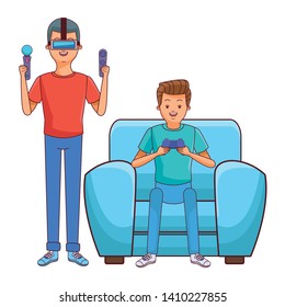 video game scene young men friends playing on couch virtual reallity bcartoon  vector illustration graphic design