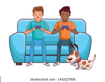 video game scene young men friends playing on couch with little pet doggy dog cartoon  vector illustration graphic design