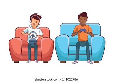 video game scene young men friends playing on couch fast car game cartoon  vector illustration graphic design