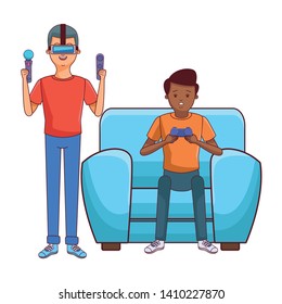 video game scene young men friends playing on couch virtual reallity bcartoon  vector illustration graphic design