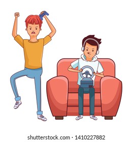 video game scene young men friends playing on couch fast car game cartoon  vector illustration graphic design