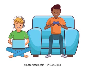 video game scene young men friends playing on couch cartoon  vector illustration graphic design